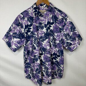 Tommy Bahama Hawaiian Shirt Purple/Blue Men’s Large Tropical Aloha Beach Camp